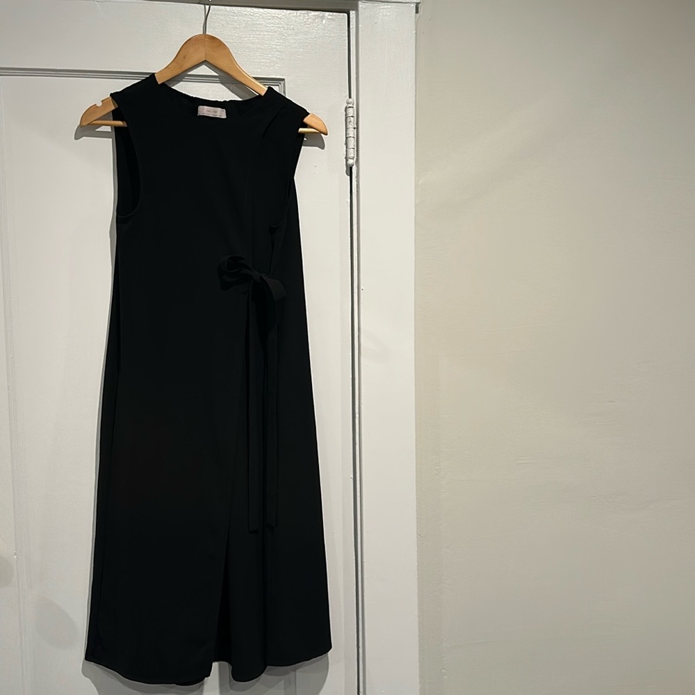 Oak + Fort black dress with faux wrap in front and tie strings